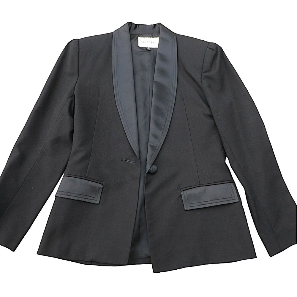 Vintage Tuxedo Blazer Black Suitsme Liquid Satin Lapel Flaps Buttons USA 8 Small